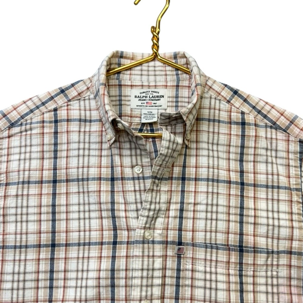 Polo Jeans Co.Ralph Lauren Shirt Mens Large Blue Vintage Gingham USA Flag Logo